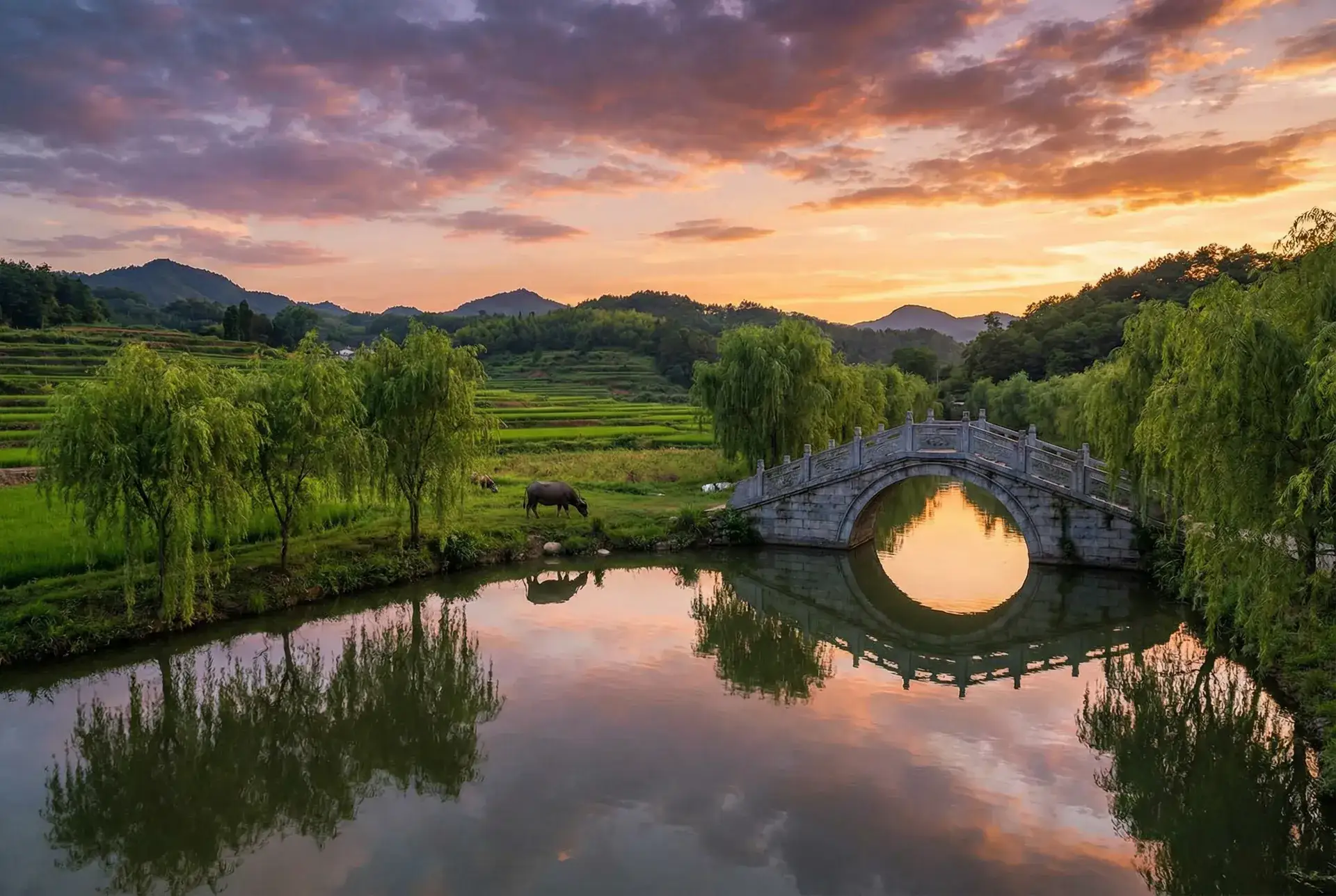 夕阳下的石拱桥与垂柳，水牛在河边吃草 - 微信理财通安全吗 乡村美景